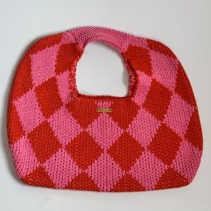 Kopari Pink and Red Argyle Knit Shoulder Bag